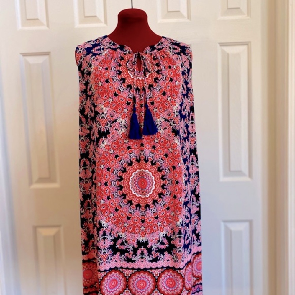 Chico’s Women Floral Geo Print Dress Size 3 - Front tassels Preowned - Picture 3 of 8